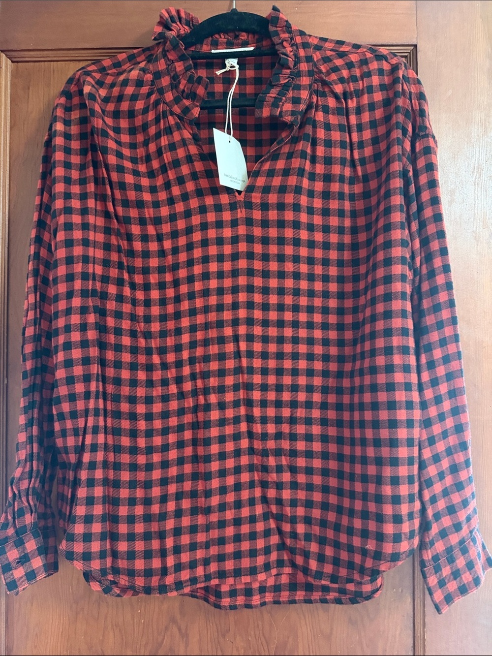 beachlunchlounge Buffalo Check Ruffle Collar Blouse Size Medium NWT